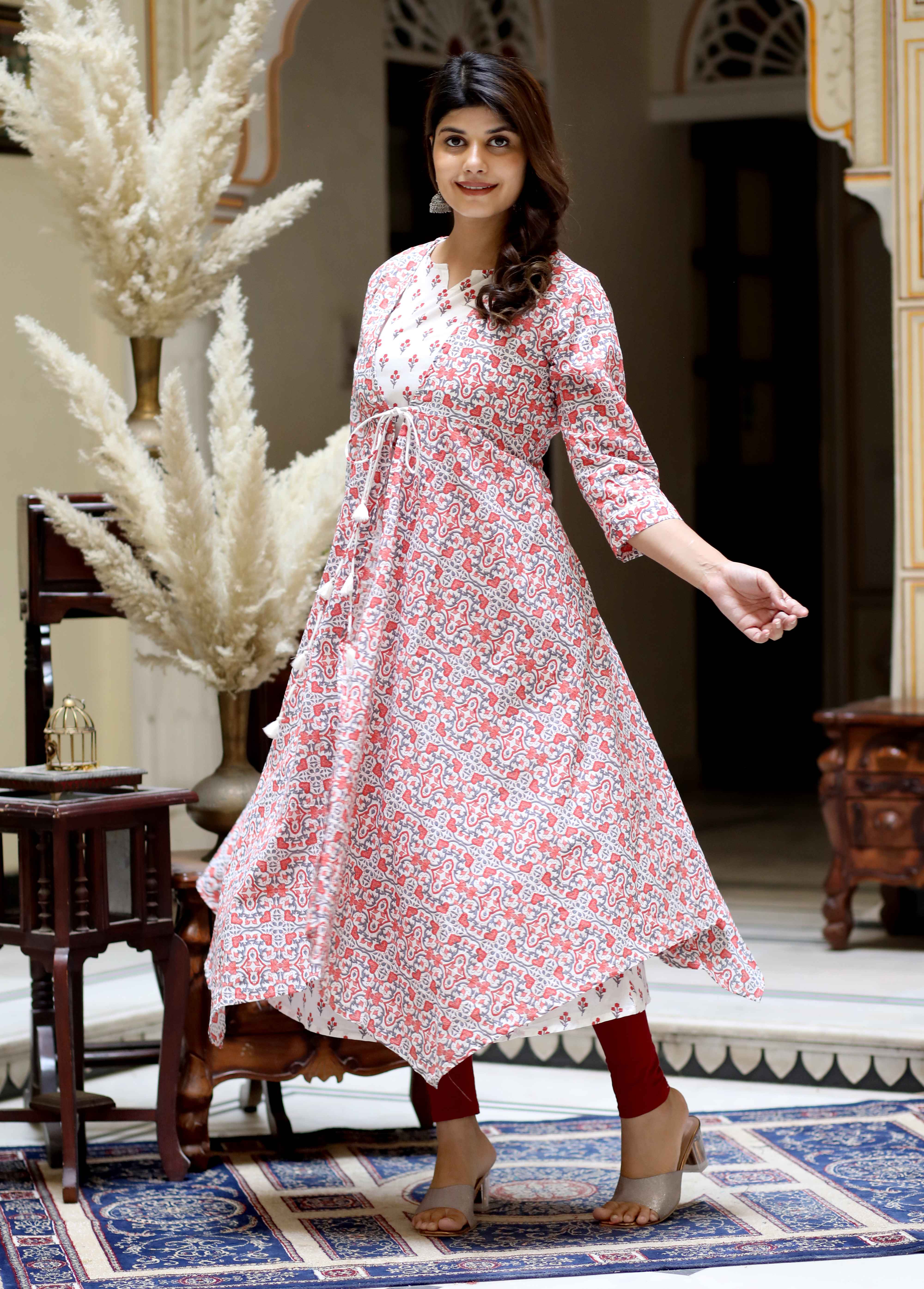 Orange Floral Cotton Sleeveless Anarkali Kurta with Printed Jacket Set